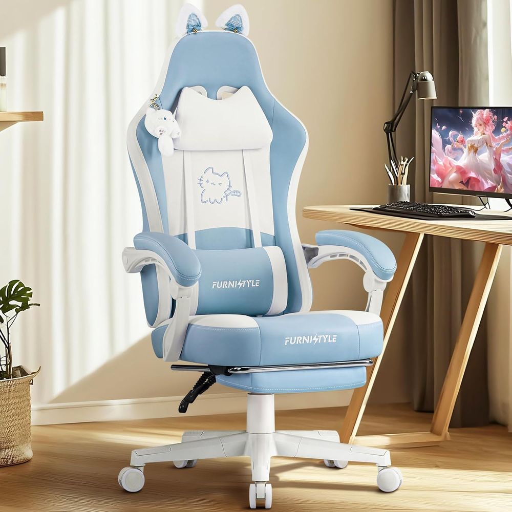Gaming & Esports District - Kursi Gaming Ergonomis Biru/Putih dengan Penyangga